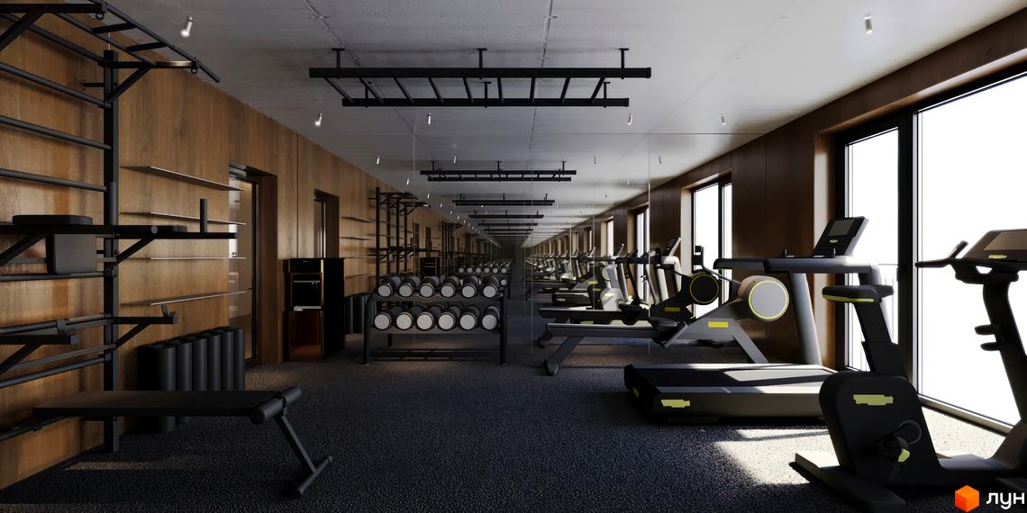 Тренажерний зал Житлового комплексу З.40 з біговими доріжками, велотренажерами та зоною для силових вправ. Оснащений простір для спорту.