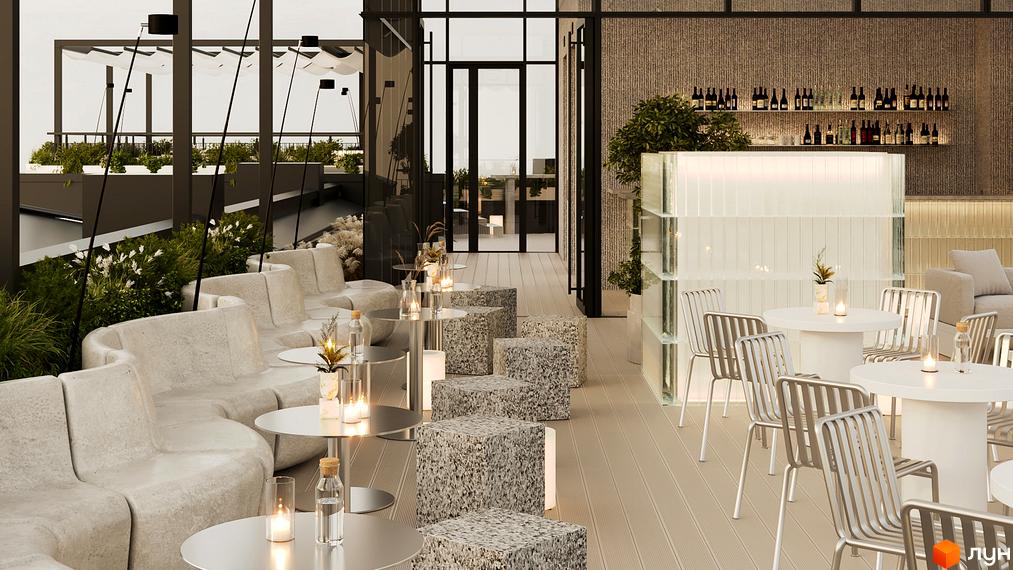 Тераса житлового комплексу З.40 з лаунж-зоною, баром та зеленими насадженнями.