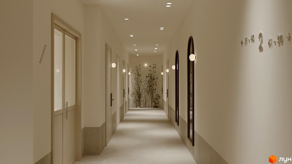 Інтер'єрний коридор житлового комплексу З.40 з білими стінами, світлою підлогою, декоративними рослинами та дзеркалами з підсвічуванням.