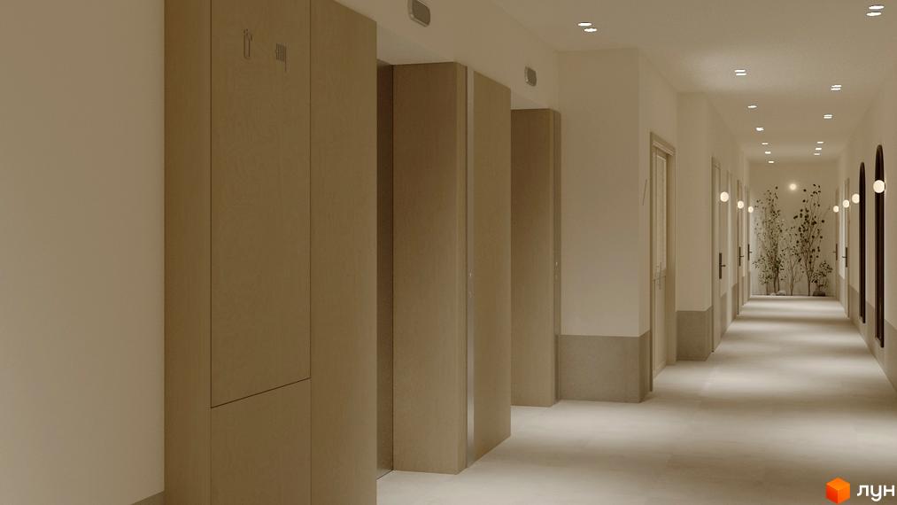 Коридор житлового комплексу З.40 з дерев'яними панелями, світлими стінами та вбудованим освітленням. В кінці коридору розміщені декоративні рослини.