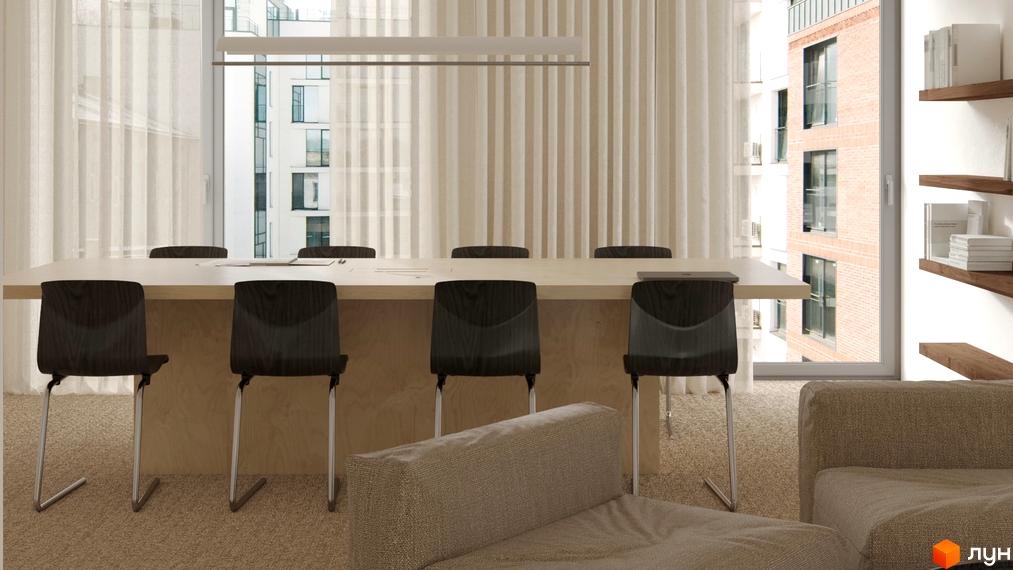 Вид з вікна житлового комплексу З.40 на сусідні будівлі: одна з цегляним фасадом та балконами, інша – біла з великими вікнами.