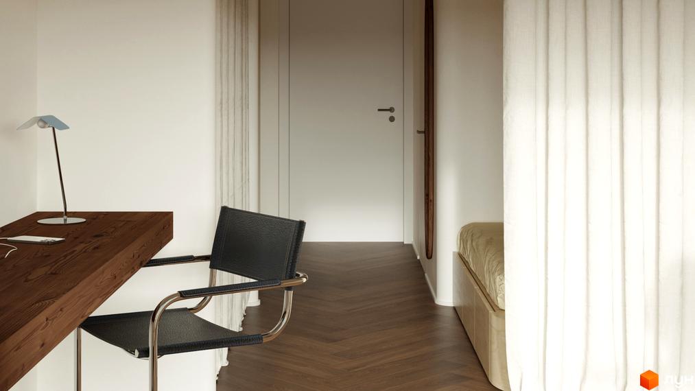 Інтер'єр кімнати в Житловому комплексі З.40 з робочим столом, кріслом та ліжком за білою шторою.