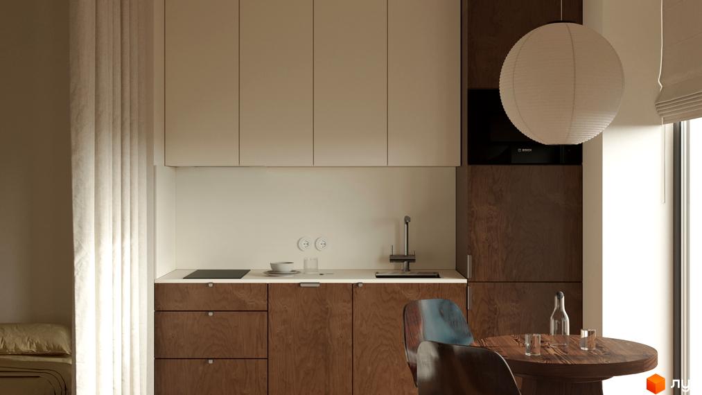 Кухня-вітальня в новобудові З.40 з функціональною кухонною зоною, обіднім столом та природним освітленням.