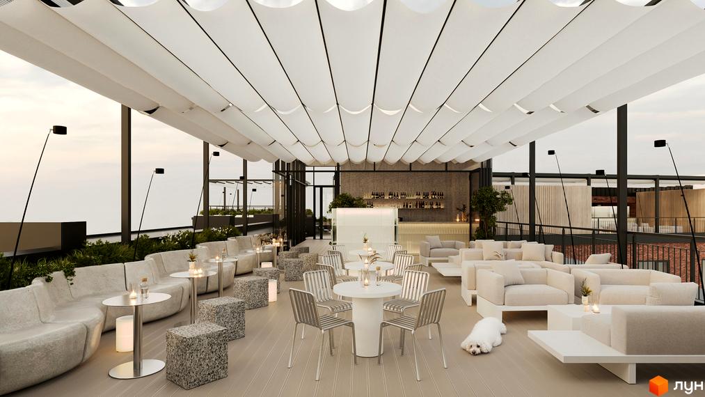 Простора тераса на даху житлового комплексу З.40 з облаштованими зонами відпочинку, баром та навісом.