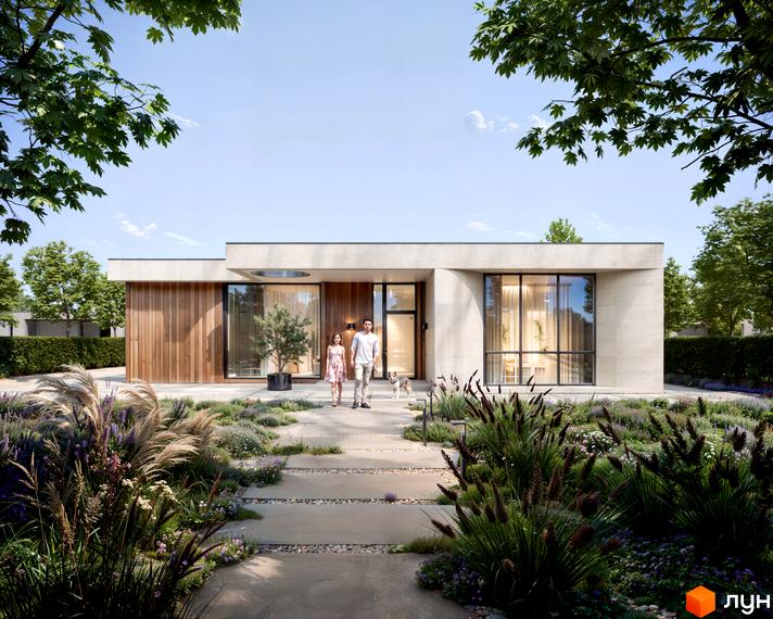 Котеджне містечко OMRIYANE CITY: одноповерховий будинок з дерев'яними та кам'яними елементами фасаду, великими вікнами, оточений доглянутою прибудинковою територією з рослинами та доріжками.