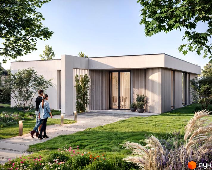 Котеджне містечко OMRIYANE CITY: одноповерховий будинок з дерев'яним фасадом та великими вікнами, оточений зеленню та квітами.