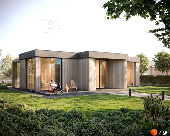 Котеджне містечко OMRIYANE CITY: сучасний одноповерховий будинок з великими вікнами та дерев'яною обшивкою на тлі зеленого газону та дерев.