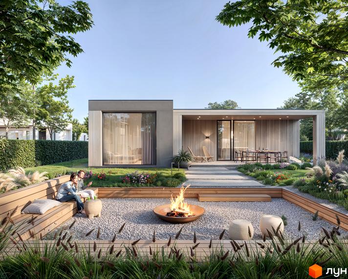 Котеджне містечко КМ OMRIYANE CITY з дерев'яною обшивкою та великими вікнами, з зоною відпочинку з вогнищем та лавками.