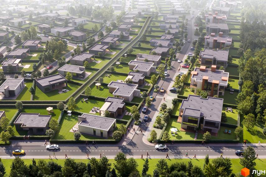 Котеджне містечко OMRIYANE CITY: сучасні будинки з пласкими дахами та великими вікнами, зелені газони та доглянуті дерева навколо.