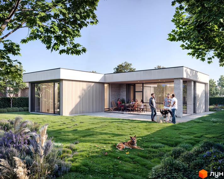 Котеджне містечко OMRIYANE CITY з терасою та зоною для барбекю, оточене доглянутим газоном та зеленню. На передньому плані - мальовничий сад з квітами та травами.