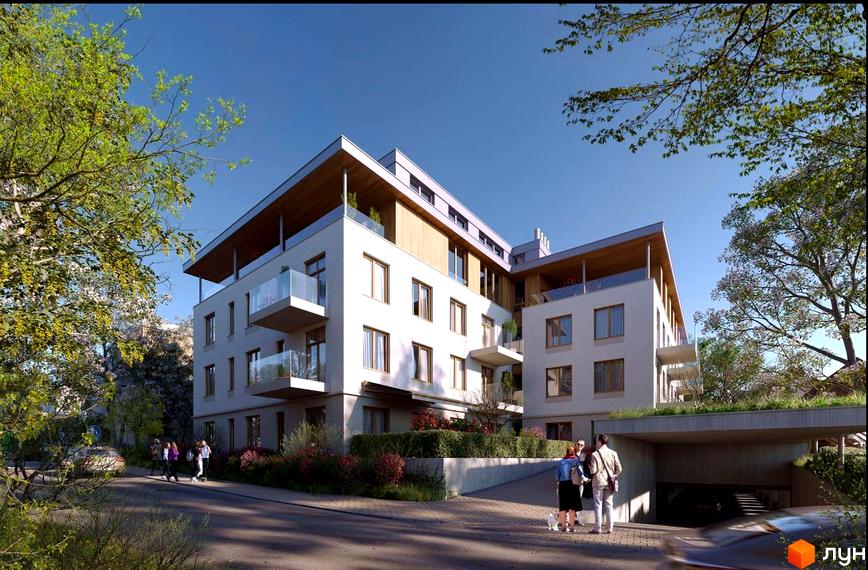 Житловий комплекс Eco City Park - це сучасна новобудова з балконами та зеленим дахом. Перед будинком розташована прибудинкова територія з деревами та кущами.