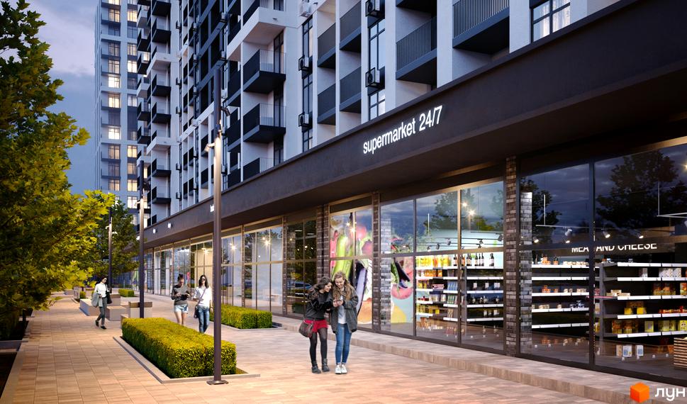 Новобудова ЖК CITY PARK з комерційними приміщеннями та доглянутою прибудинковою територією з деревами та кущами.