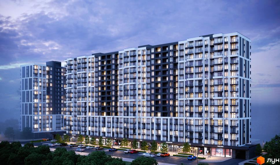 Житловий комплекс CITY PARK: багатосекційний будинок з біло-темним фасадом та освітленими вікнами ввечері. Перед ним парковка та зелені насадження.