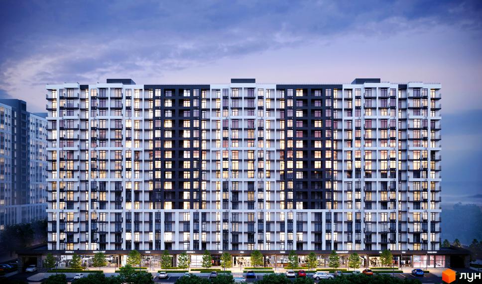 Житловий комплекс CITY PARK: багатоповерховий будинок з чорно-білим фасадом, освітленими вікнами, комерційними приміщеннями та парковкою.