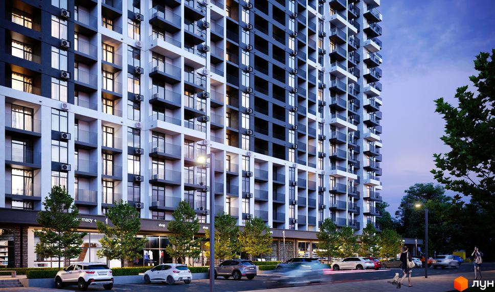 Житловий комплекс CITY PARK з фасадом з білих та темних панелей, балконами та кондиціонерами. Перед будинком розташовані дерева та парковка з автомобілями.