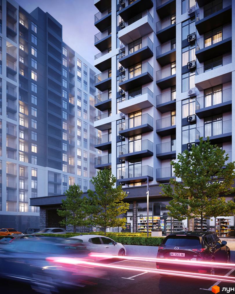 Житловий комплекс CITY PARK з сучасними фасадами та балконами, прибудинкова територія з деревами та парковкою.