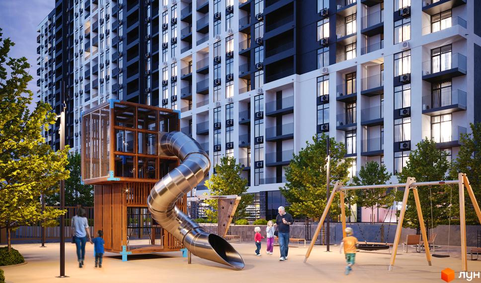 Житловий комплекс CITY PARK з багатоповерховими будинками та дитячим майданчиком зі спуском-гіркою та гойдалками. Прибудинкова територія з деревами та освітленням.