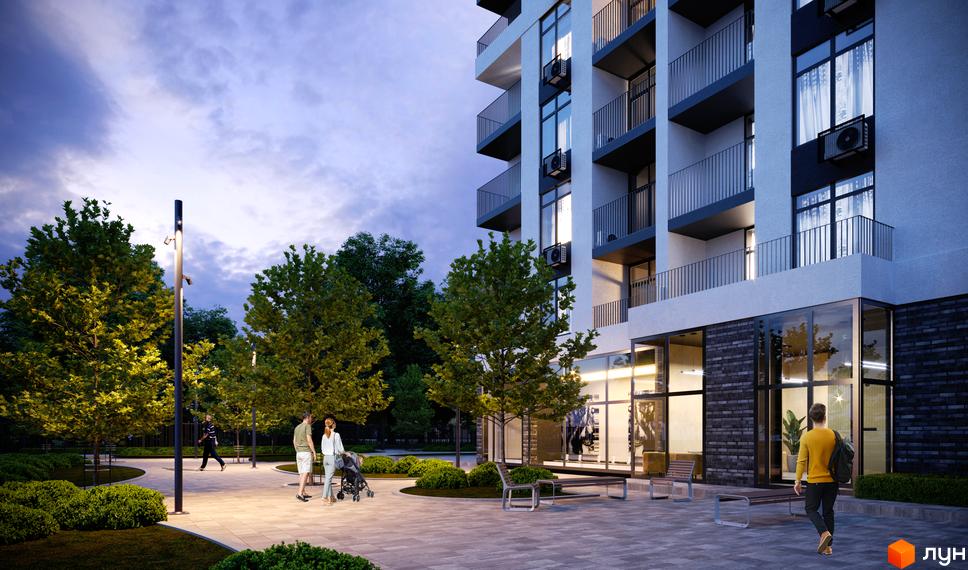 Житловий комплекс CITY PARK: фасад будівлі з балконами та вікнами, освітлена прибудинкова територія з деревами та лавками.