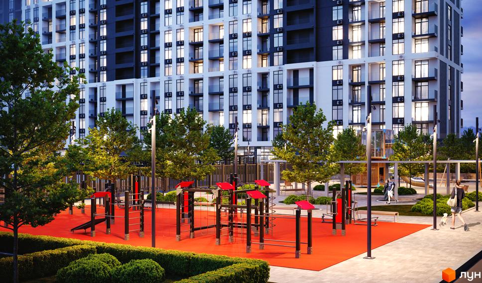 Житловий комплекс CITY PARK з багатоповерховими будинками та сучасною зоною відпочинку з дитячим майданчиком та спортивним обладнанням.
