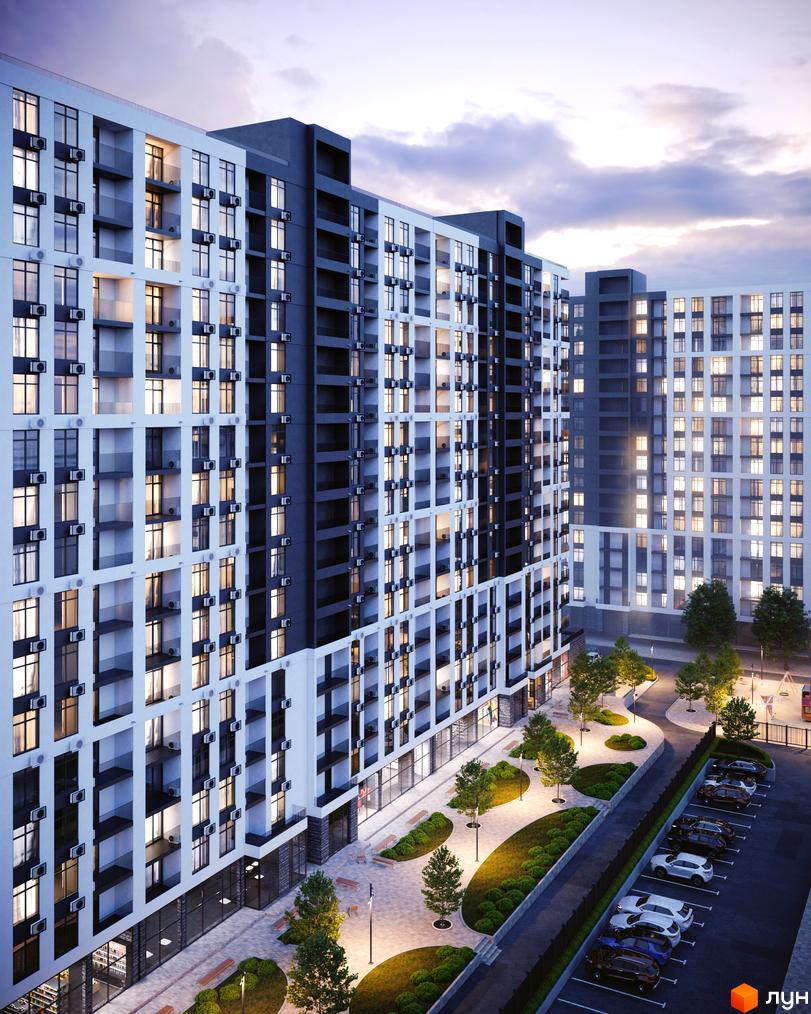Житловий комплекс CITY PARK з фасадами у біло-темних тонах та балконами, поряд облаштована прибудинкова територія з деревами та парковкою.