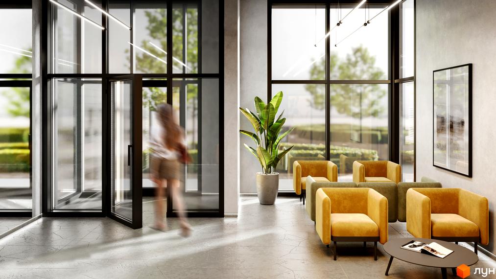 Лобі житлового комплексу CITY PARK з м'якими кріслами та великими вікнами, що виходять на зелену територію.