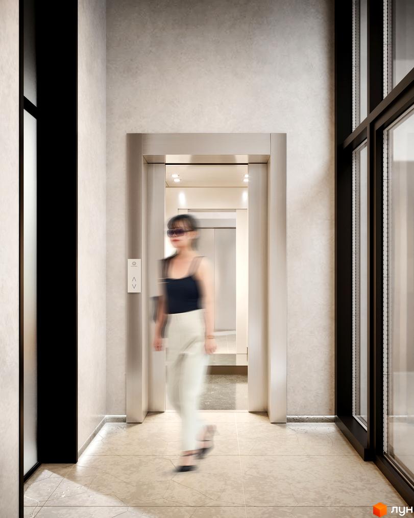 Житловий комплекс CITY PARK: вхідна група з дверима ліфта та сучасним дизайном. Зовнішній вигляд новобудови з елегантною обробкою стін та підлоги.