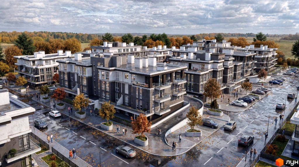 Котеджний комплекс КМ ParkWill з сірими фасадами та білими елементами, з балконами та паркінгом. Навколо - осінній парк з деревами та опалим листям.