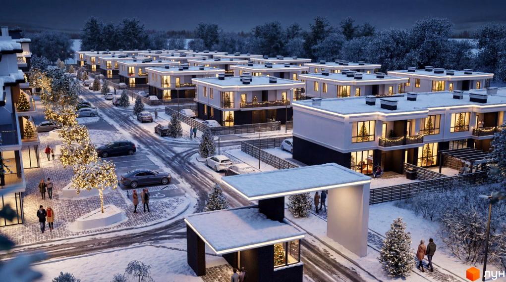 Котеджне містечко ParkWill у зимовий період з сучасними будинками та освітленими деревами. Прибудинкова територія вкрита снігом, з доріжками та автомобілями.