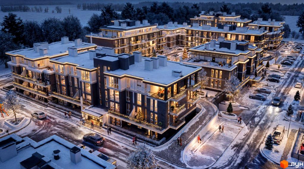 Котеджне містечко ParkWill взимку: фасади будинків з підсвіткою, балкони з новорічним декором, засніжена територія та парковка.