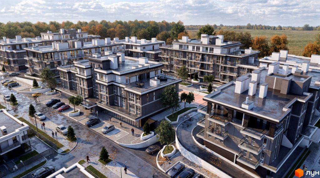 КМ ParkWill - комплекс із сучасних будинків з балконами та паркінгом. Навколо комплексу - зелені дерева та доглянута прибудинкова територія.