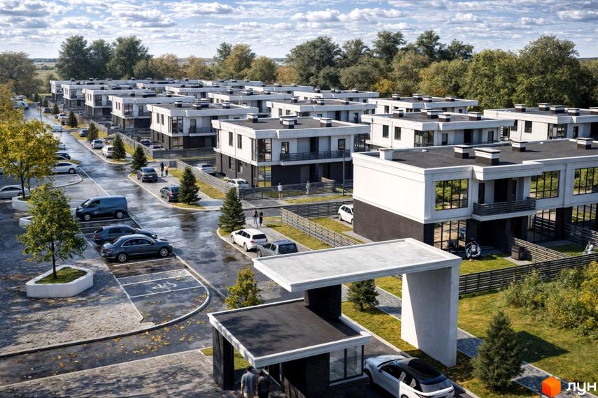 Котеджне містечко ParkWill: білі двоповерхові будинки з темними фасадами, великими вікнами та балконами, розташовані на доглянутій прибудинковій території з парковкою та зеленими насадженнями.