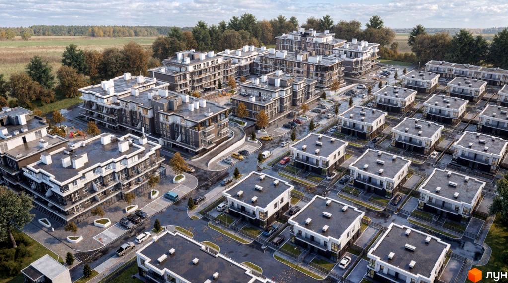 Котеджний комплекс КМ ParkWill з багатоповерховими будинками та малоповерховими будинками, з парковками та дитячим майданчиком.