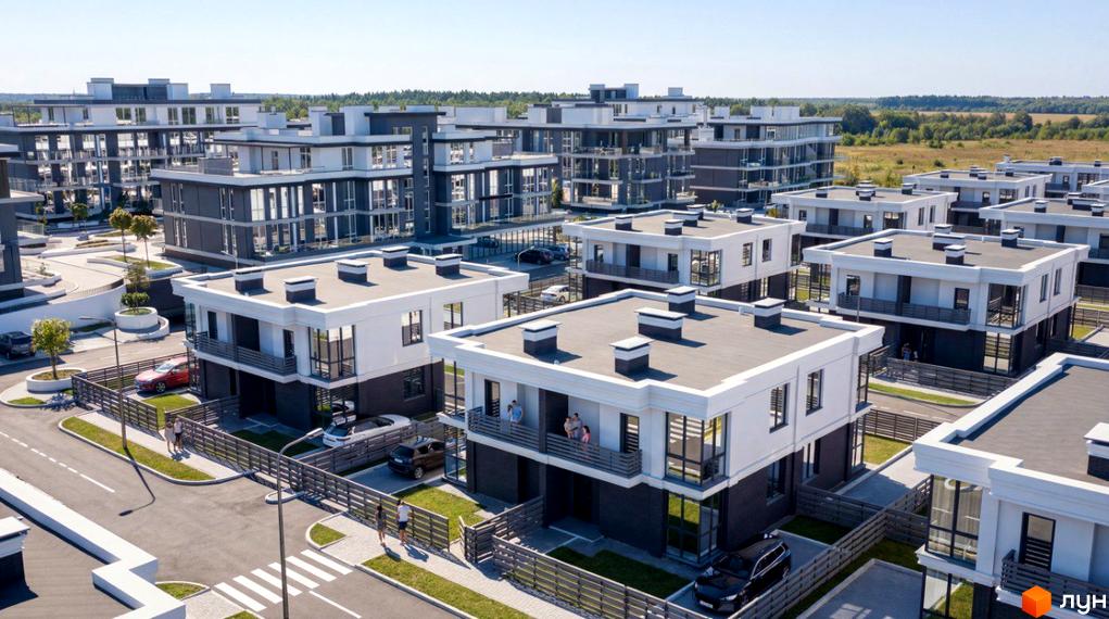 Котеджне містечко ParkWill: сучасні двоповерхові будинки з пласкими дахами та великими вікнами. Прибудинкова територія з доглянутими газонами, парковками та пішохідними доріжками.