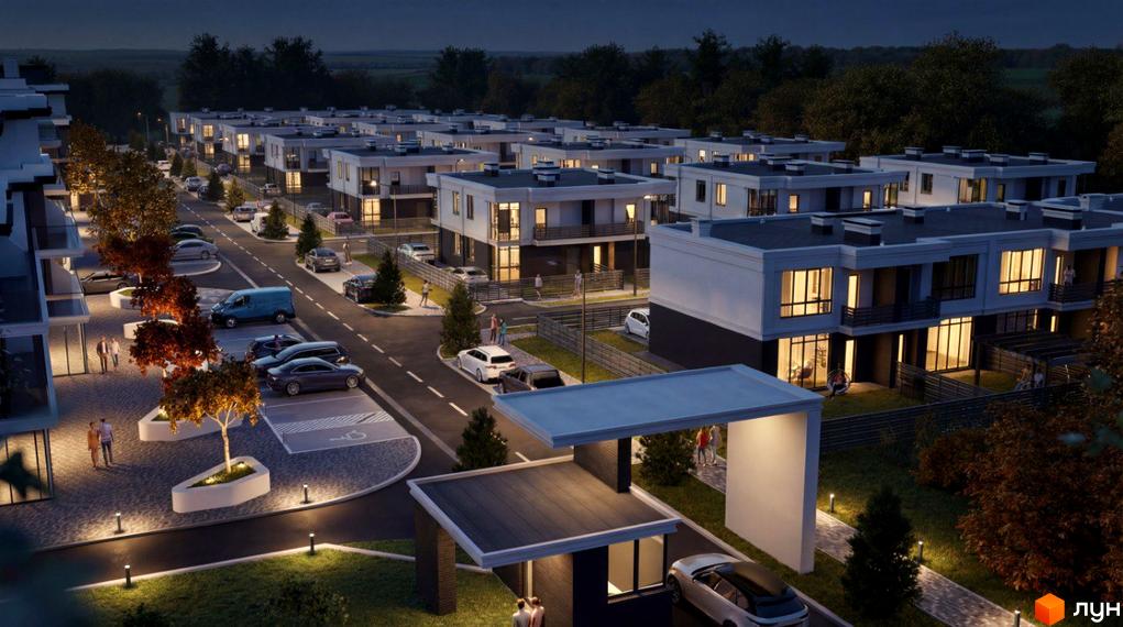 Котеджне містечко ParkWill: білі двоповерхові будинки з темними дахами та балконами, освітлена вулиця з припаркованими автомобілями та зеленими зонами.