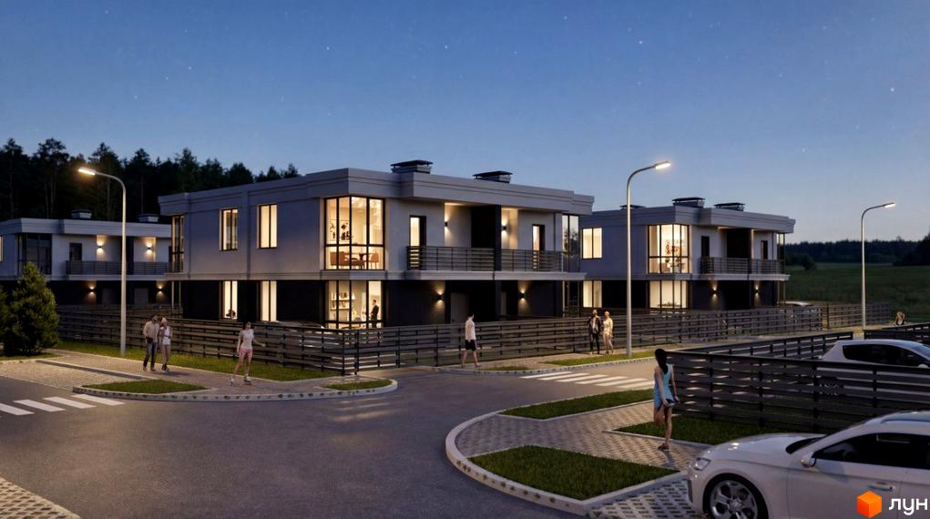 Котеджне містечко ParkWill: двоповерхові будинки з великими вікнами та балконами, огороджена територія з вуличним освітленням та пішохідними доріжками.