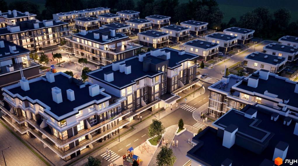 Котеджне містечко ParkWill: багатоквартирні будинки зі світлими фасадами та темними дахами, освітлені зсередини. На території є дороги та дитячий майданчик.