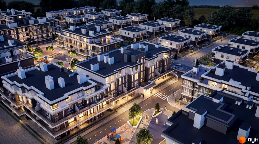 Котеджне містечко ParkWill вночі з освітленими багатоповерховими будинками, темними дахами, світлими фасадами та облаштованою територією з майданчиками.