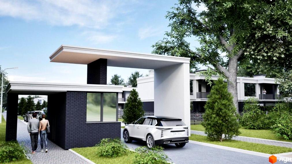 Зображення Котеджне містечко ParkWill з в'їзною групою, білими будинками з балконами, зеленими газонами та деревами.