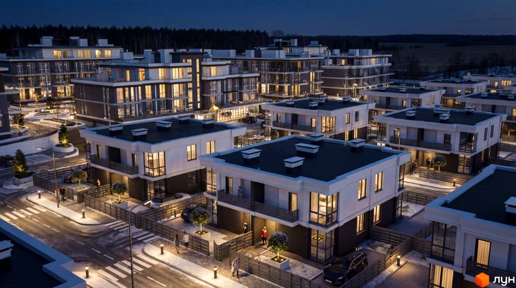 Котеджне містечко ParkWill: двоповерхові будинки зі світлими фасадами та темними дахами. Прибудинкова територія з освітленими дорогами та деревами.