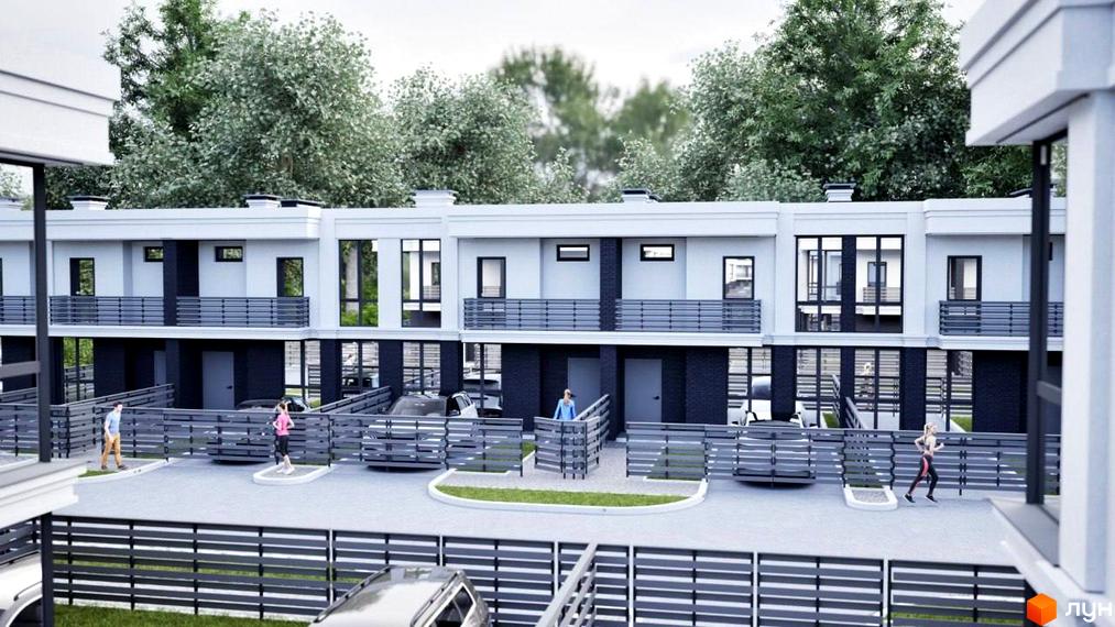 Ряд двоповерхових котеджів Котеджного містечка ParkWill з білими та темно-сірими фасадами, балконами та великими вікнами. Перед будинками розташовані паркувальні місця та пішохідні зони з низькими огорожами.