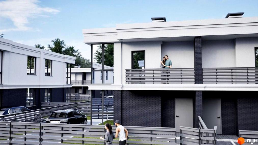 Котеджне містечко ParkWill: білі таунхауси з великими вікнами та балконами. На території є парковка та зелені насадження.