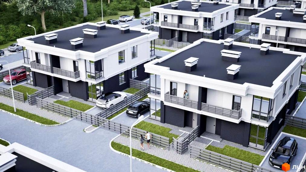 Котеджне містечко ParkWill: двоповерхові будинки з білими та темними фасадами, балконами та великими вікнами. На території є дороги, зелені газони та парковки.