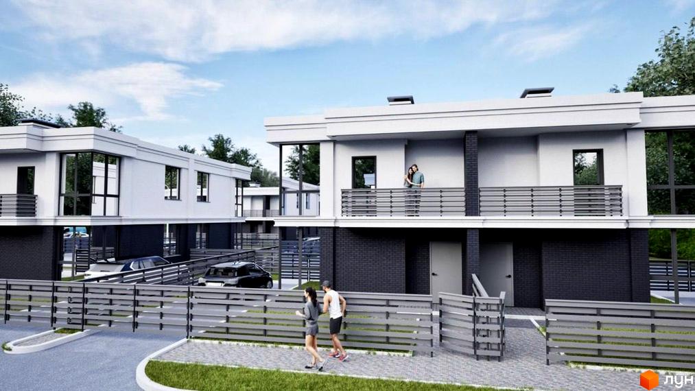 Котеджне містечко ParkWill: фасади будинків білого кольору з темною цеглою, великі вікна та балкони. Прибудинкова територія з доріжками та огорожею.