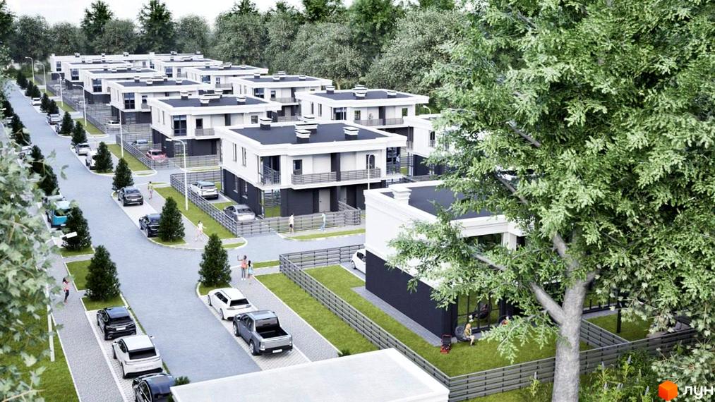 Котеджне містечко ParkWill з двоповерховими будинками біло-сірого кольору, розташованими вздовж вулиці з зеленими газонами та деревами.