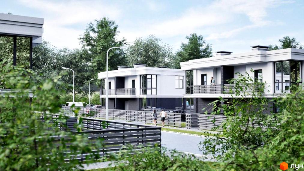 Котеджне містечко ParkWill. На зображенні двоповерхові будинки з білими фасадами, темними вікнами та балконами, оточені зеленню та доріжками.