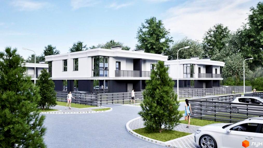 Котеджне містечко ParkWill: білі двоповерхові будинки з темними акцентами та балконами, оточені зеленню та доріжками.