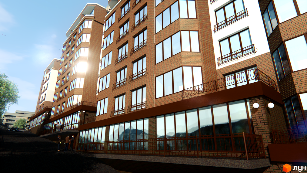 Зображення фасаду та прибудинкової території Новобудови Правильний вибір. Багатоповерховий будинок з великими вікнами та балконами.