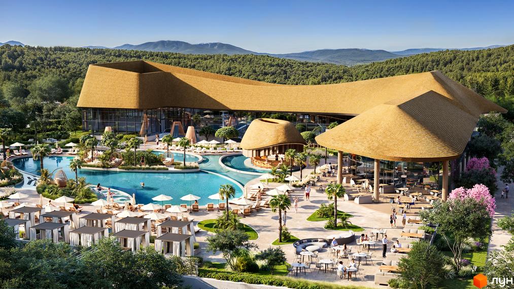 Апарт-готель ONOKY River Club з великим басейном, зонами відпочинку та рестораном на тлі гірського лісу. Територія комплексу облаштована шезлонгами, парасольками та зонами для сидіння.