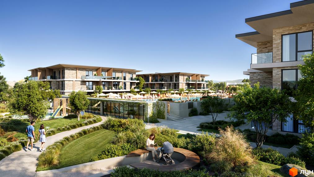 Апарт-готель ONOKY River Club: багатоповерхові будинки з кам'яним фасадом, великими вікнами та скляними балконами. На території басейн, дитячий майданчик та зелені зони.