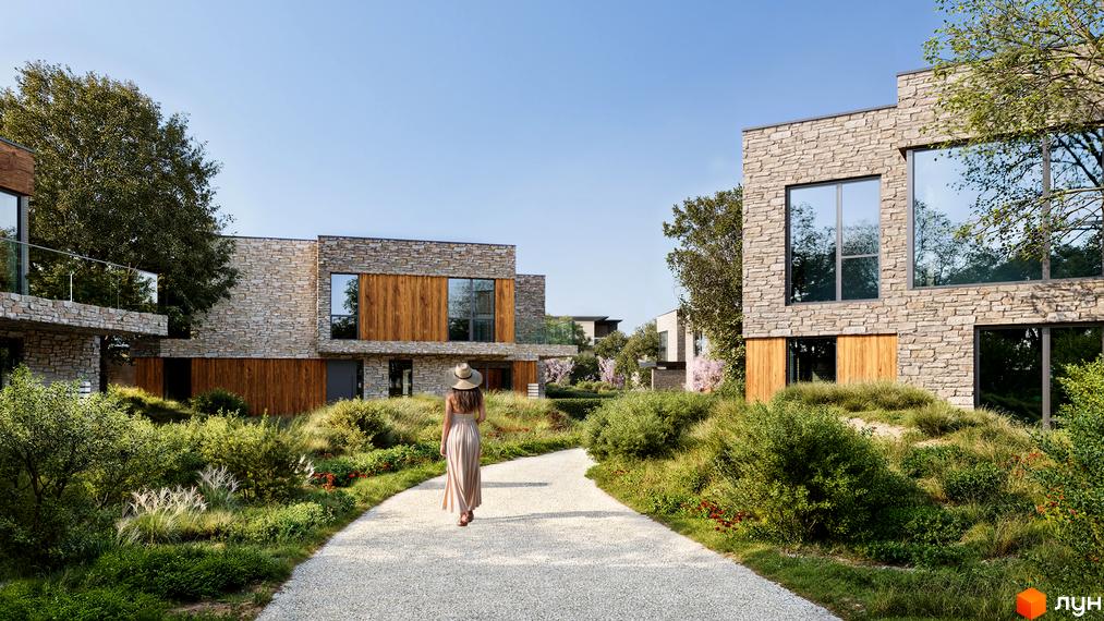 Будинки Апарт-готель ONOKY River Club з фасадами з каменю та дерева, великими вікнами. Прибудинкова територія з гравійною доріжкою та зеленими насадженнями.